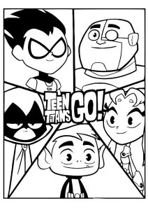 Jeunes titans : dessin divisé en cinq parties avec un personnage dans chaque partie