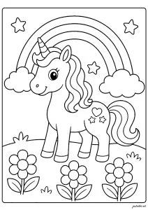 Jolie licorne sous un arc en ciel