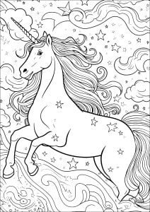 Coloriage enfant licorne dans le ciel