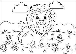 Jeune Lion Dans La Savane, Avec Des Fleurs