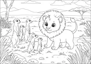 Jeune Lion En Grande Discussion Avec Des Suricates