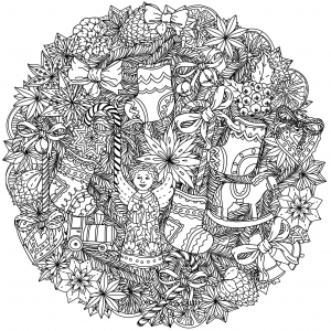 49525227   Christmas Wreath With Decorative Items, Black And White . The Best For Your Design, Textiles, Posters, Coloring Book