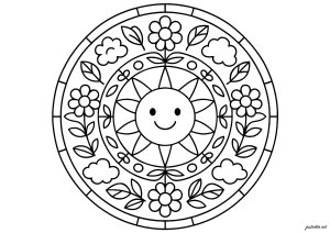 Soleil souriant et fleurs en mandala