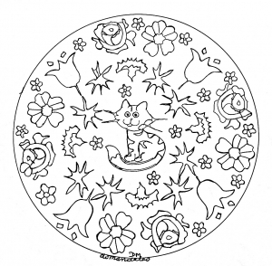 Mandala facile petit chat et fleurs