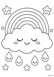 Nuage souriant sous l'arc en ciel