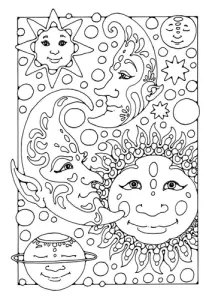 Coloriage sympa avec Lune, Soleil et étoiles