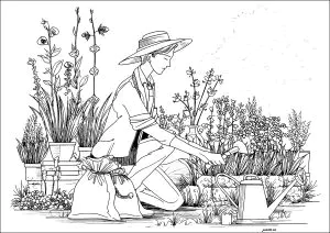 Jardnière S'occupant De Ses Plantes, Avec Son Arrosoir