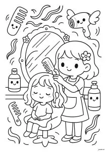 Coiffeuse en train de couper les cheveux d'une jeune fille