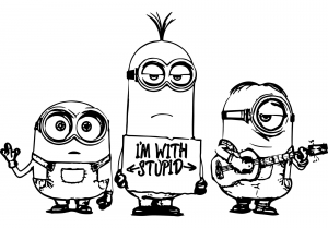 Coloriage trois minions avec pancarte