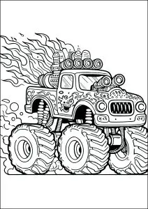 Monster truck avec des flammes sortant de ses énormes pots d'échapement