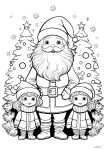Le Père Noël Avec Deux Enfants Et Des Sapins De Noël