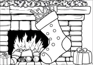 Chaussette de Noël devant une cheminée et des cadeaux