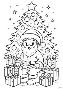 Père Noël, sapin de Noël et plein de cadeaux