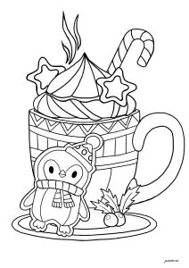 Un bon chocolat chaud avec des décorations de Noël et un petit pingouin