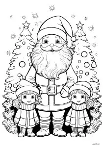 Le Père Noël avec deux enfants et des sapins de Noël