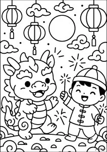 Célébrations avec un dragon et un enfant en costume traditionnel