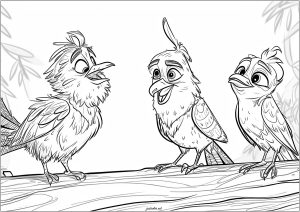Trois drôles d'oiseaux dessinés façon Disney / Piaxar sur une branche
