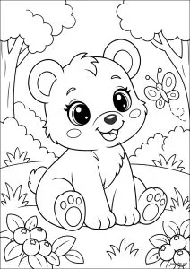 Petit ours assis près des arbres. Un petit ours est assis par terre, avec une fleur à sa gauche et un papillon qui vole à côté de lui.