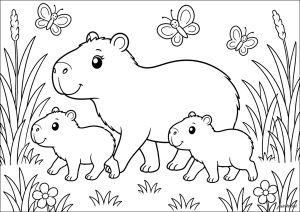 Capybara avec deux petits et papillons