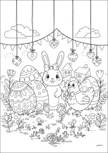 Lapin Et Poule Entourés D'œufs De Pâques