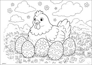 Une poule et ses oeufs à motifs variés