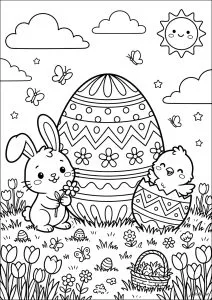 Lapin et poussin avec des œufs de Pâques