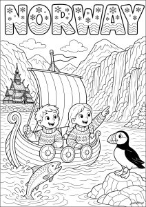 Enfants sur un drakkar Viking en Norvège