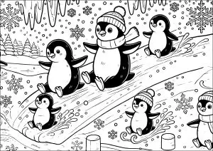 Six Pingouins En Train De Glisser