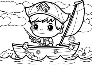 Coloriage simple d'un pirate au style Kawaii sur his bateau
