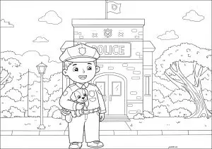 Policier et son petit chien, devant le comissariat de police