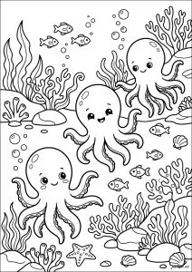 Trois pieuvres avec des poissons dans la mer