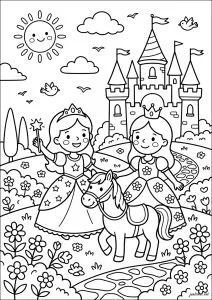 Deux princesses et leur cheval au jardin féérique