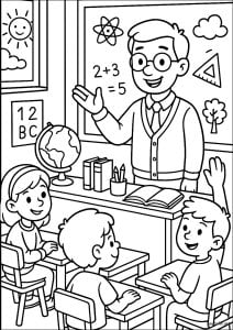 Enseignement dans la classe. Un professeur souriant explique des leçons à des élèves attentifs, entourés d'objets scolaires. La salle de classe est remplie d'éléments éducatifs qui stimulent l'apprentissage. Enseignement Dans La Classe