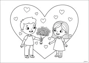 Petit garçon offrant des fleurs à une petite fille, pour la Saint Valentin