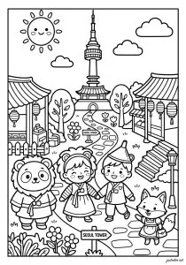 Balade à Séoul avec un Panda. Deux enfants en tenue traditionnelle coréenne explorent une rue animée de Séoul, accompagnés d'un panda malicieux. Des maisons hanok, des lanternes et la tour N de Séoul créent un décor joyeux et accueillant à colorier.