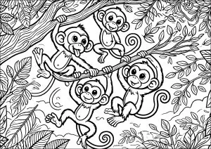 Quarte Petits Singes Sur Un Arbre