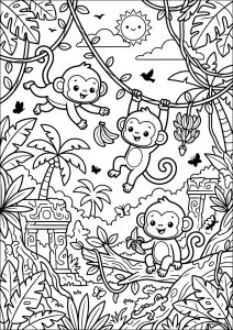 Trois Singes Acrobates Dans la Jungle