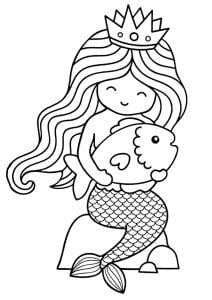 Coloriage enfant jolie sirene et poisson