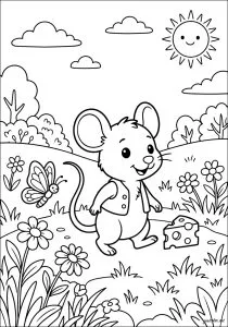 Souris avec un papillon dans un pré. Une souris debout dans l'herbe près d'un morceau de fromage avec un papillon à côté.