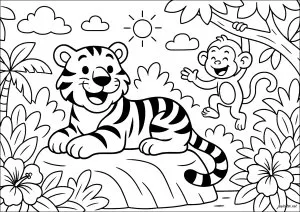 Aventures sous le soleil des tropiques. Un tigre heureux se prélasse sur un rocher, tandis qu'un singe espiègle joue dans les arbres. Un décor luxuriant de plantes tropicales enrichit la scène. Aventures Sous Le Soleil Des Tropiques