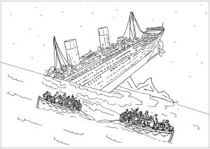 Le Titanic en train de couler, avec des passager se sauvant sur des barques de secours