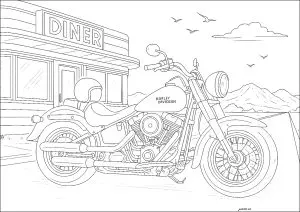 Harley Davidson devant un restaurant américain