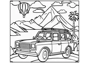 Une Jeep avec des montagnes et une montgolfière en arrière plan