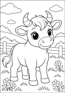 Vache souriante dans un champ. Une vache avec de grands yeux debout dans un champ, entourée de fleurs et de clôtures.