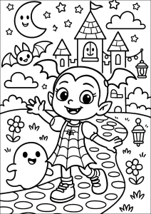 Jeune vampire devant un château. Coloriage original inspiré de Vampirina. Vampirina et un petit fantôme flottant à côté d'elle.