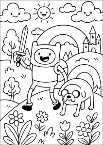 Joyful adventure in an enchanted kingdom. A sword-wielding young hero, accompanied by his faithful companion, explores a magical landscape with a castle in the background and a rainbow illuminating the sky. Joyful adventure in an enchanted kingdom