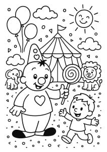 Bumba at the funfair. Bumba happily greets a child in front of the big circus tent, surrounded by balloons and sweets. A playful elephant and lion complete the festive scene.
Coloring freely inspired by Bumba. Bumba at the funfair