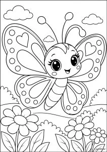 Smiling butterfly above the flowers. A butterfly with big eyes hovering above several flowers and a few clouds in the sky.