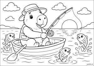 Capybara fishing on a boat