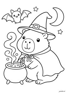 Capybara Halloween: dressed as a wizard with a smoking cauldron